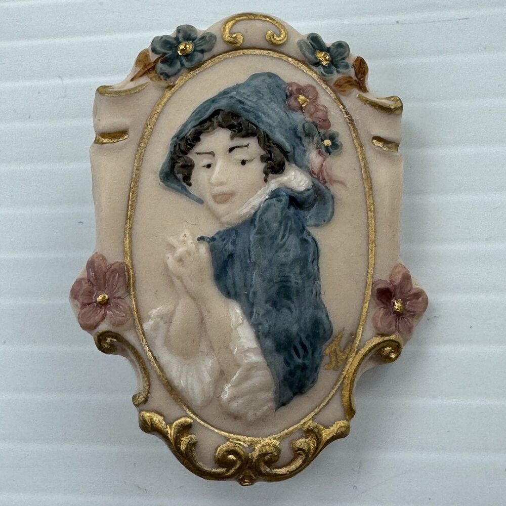 Vintage Cameo Style Lady Portrait Brooch Hand Painted Victorian Style Pin